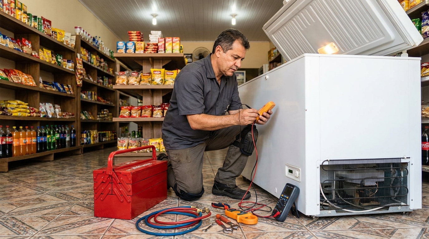 Manômetro conectado ao circuito durante recarga de gás de freezer em Sorocaba‑SP