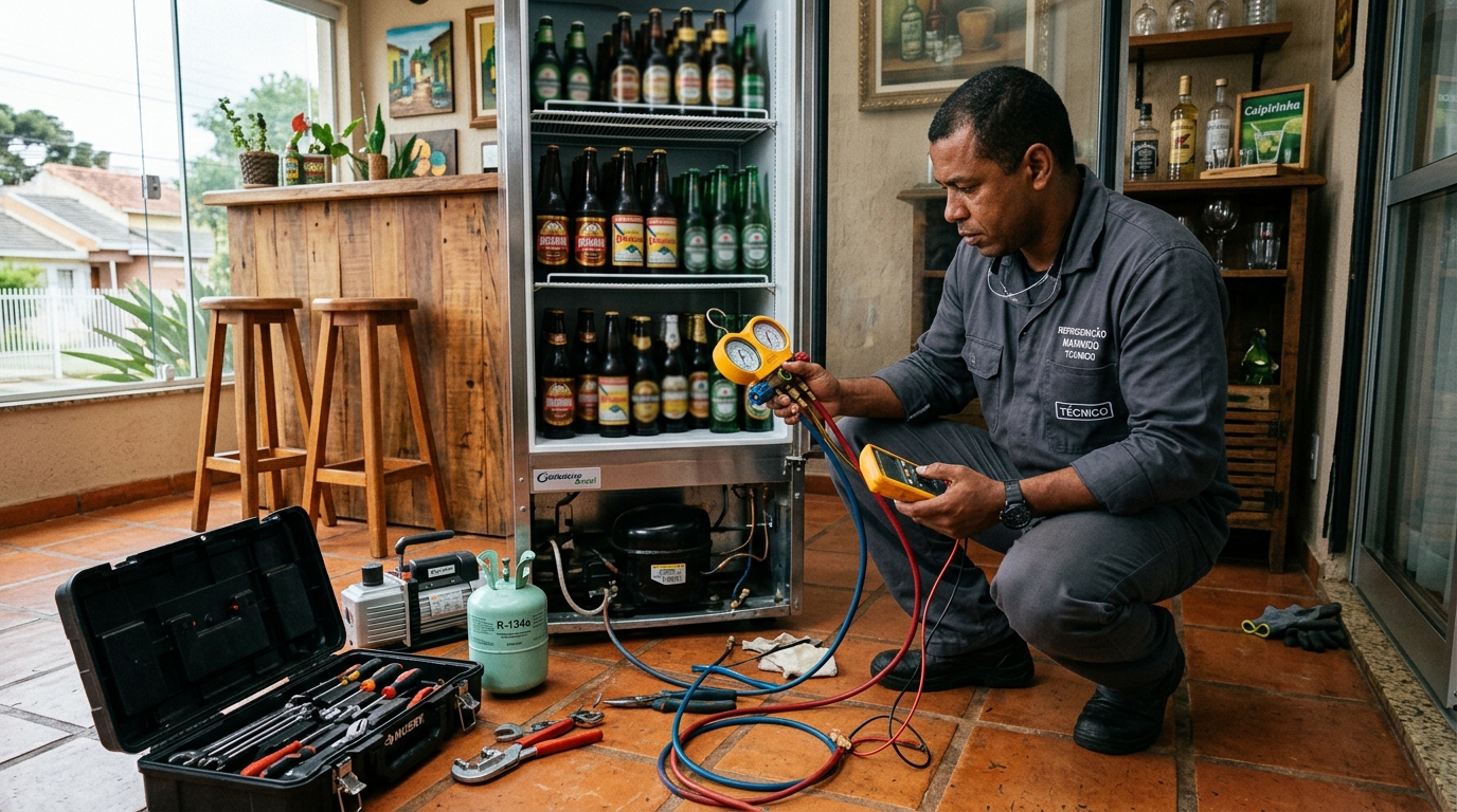 Técnico conferindo a temperatura de uma cervejeira durante atendimento em Sorocaba‑SP