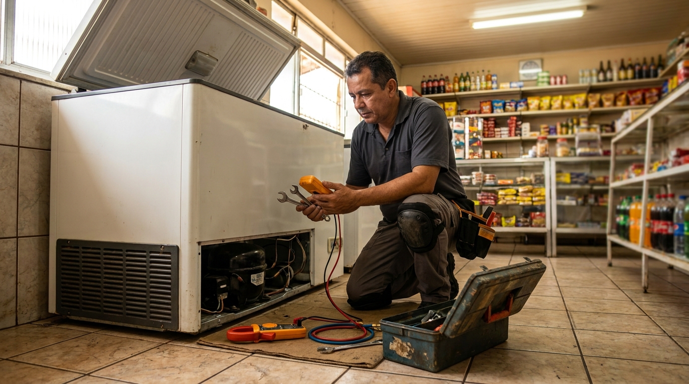 Técnico avaliando um freezer vertical durante atendimento em Sorocaba‑SP