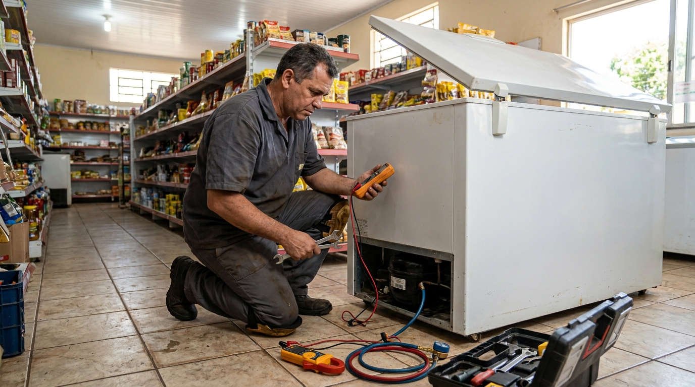 Substituição do termostato de um freezer durante visita técnica em Sorocaba‑SP